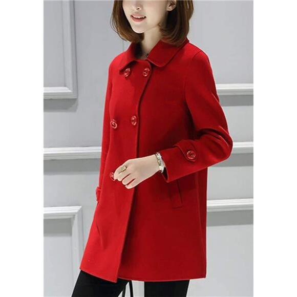 Women's Double Breasted Coat, Trench Coat Red - Picture 2 of 4